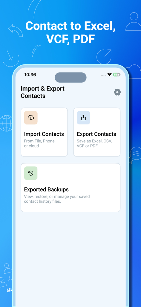 Contact to Excel, Vcf, Pdf - Menu principal de l'application montrant les options pour importer des contacts, exporter des contacts vers Excel et PDF, et afficher les sauvegardes exportées