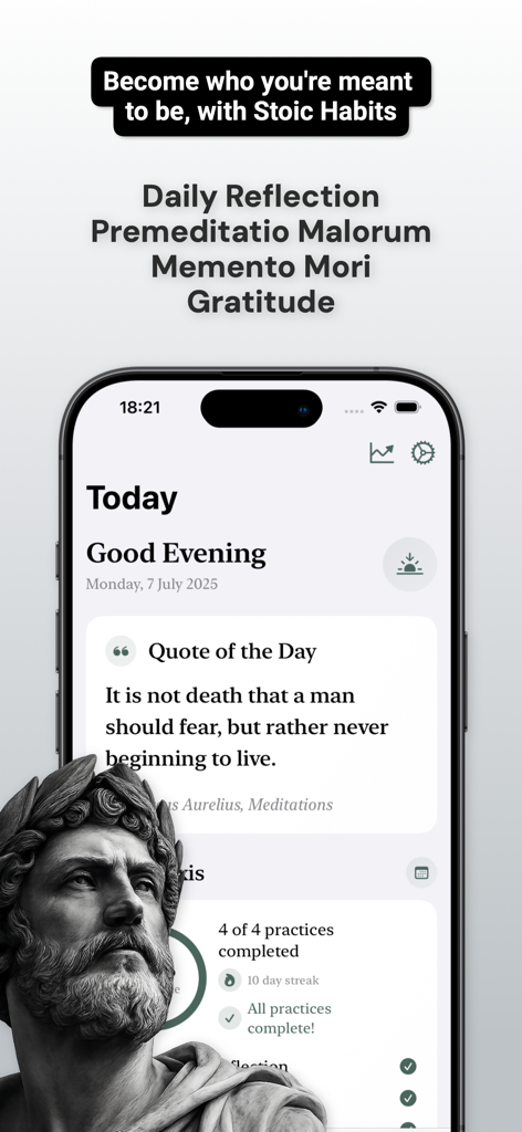 Stoicism - Praxis - Smartphone displaying the Stoicism Praxis app with a daily quote and habit completion progress