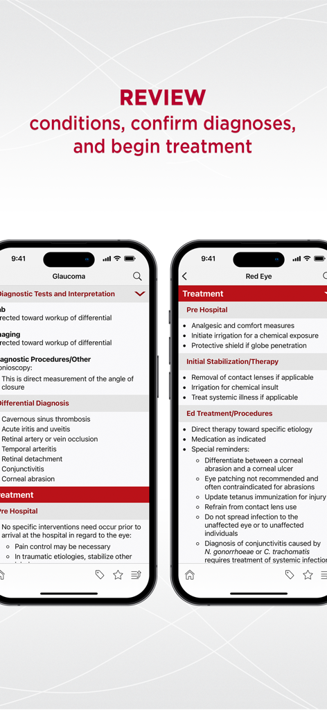 Duas telas de smartphone exibindo diagnóstico clínico e guias de tratamento para Glaucoma e Olho Vermelho.