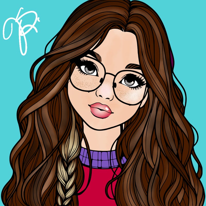 girl with long hair and freckles and glasses realistic