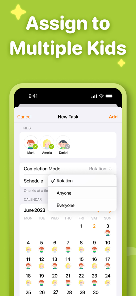 Interface of the Neat Kid app showing a new task creation screen where chores are assigned to multiple children with a rotation schedule and calendar view.