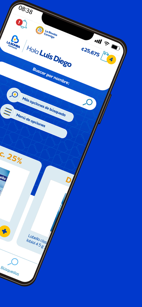 User interface of Farmacia La Bomba app featuring medication search and shopping cart