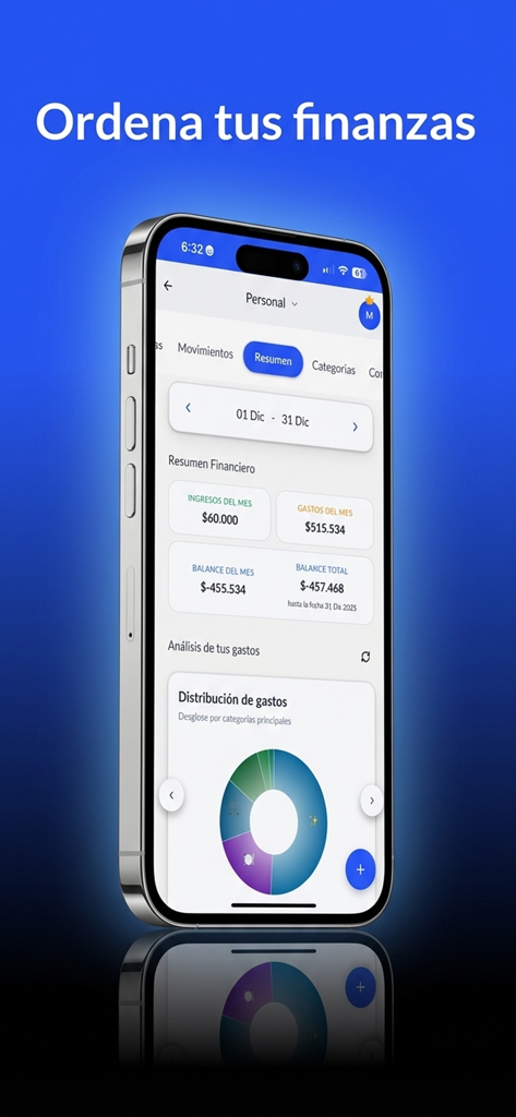 SaveMoneyCL - Pantalla del resumen financiero de la aplicación SaveMoneyCL que muestra los ingresos mensuales, gastos y gráfico de distribución del gasto.