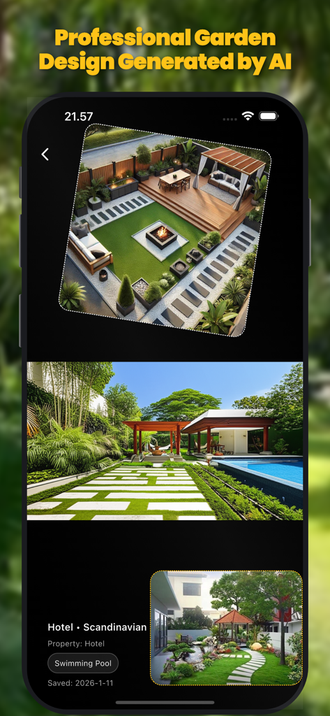AI Garden Design landscape - A mobile app interface showcasing various AI-generated professional garden and landscape designs including backyards and pool areas