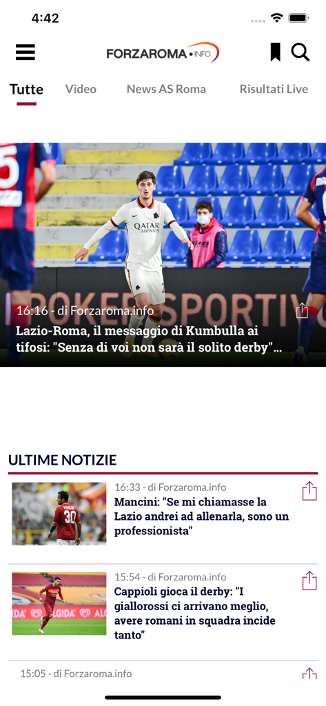 Forzaroma.info - The main news feed of the Forzaroma app showing articles about AS Roma soccer matches and player updates