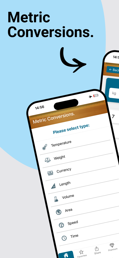 Metric Conversion tool app interface showing unit types like temperature weight and length