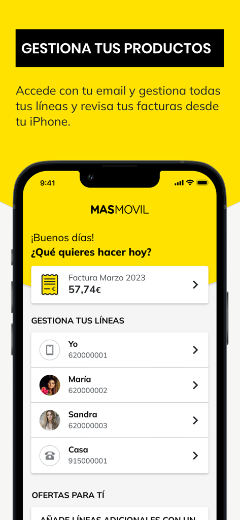 Panel de la aplicación móvil Masmovil en un iPhone mostrando la gestión de líneas y el resumen de facturas mensuales.