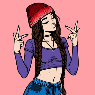 realistic teenage girl with braids and a beanie and crop top doing 🫶🏼