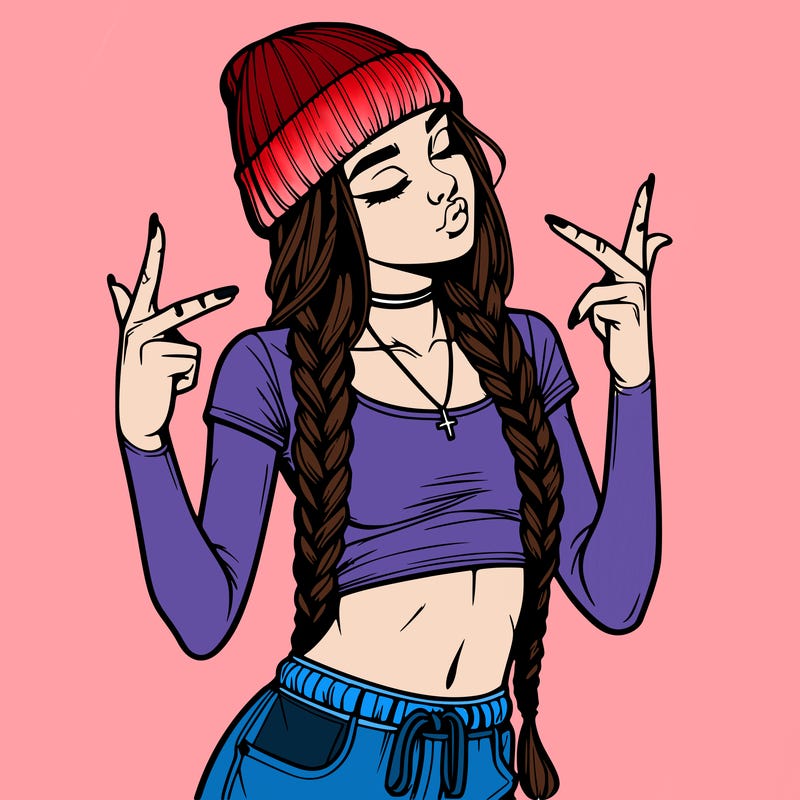 realistic teenage girl with braids and a beanie and crop top doing 🫶🏼
