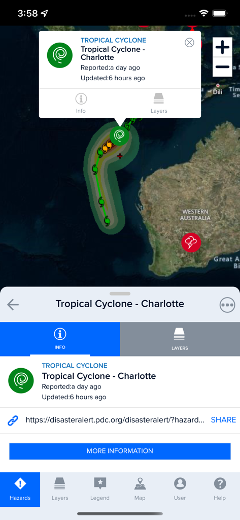 Disaster Alert (PDC Global) - Map view in the Disaster Alert app showing the tracking path and details of Tropical Cyclone Charlotte.