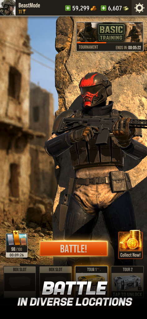 Sniper Battle: 3D War Shooter - Tactical soldier in full gear standing in the main menu of Sniper Battle 3D War Shooter