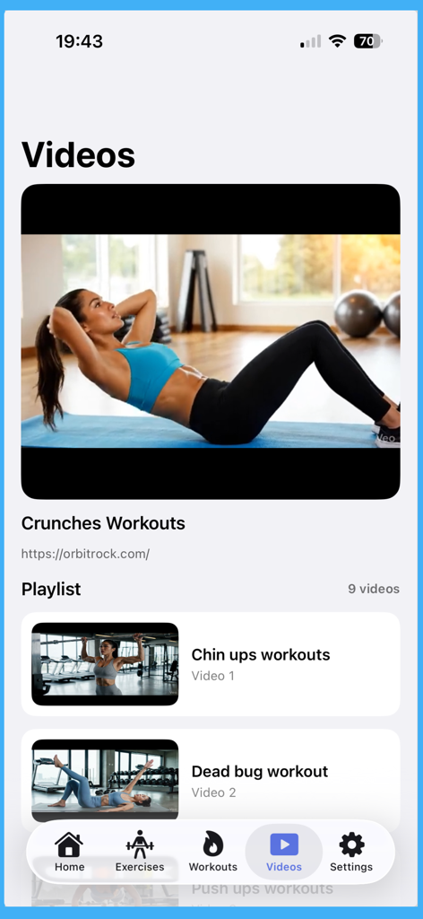 Workouts Rush - Video library in Workouts Rush app featuring crunches and exercise playlists