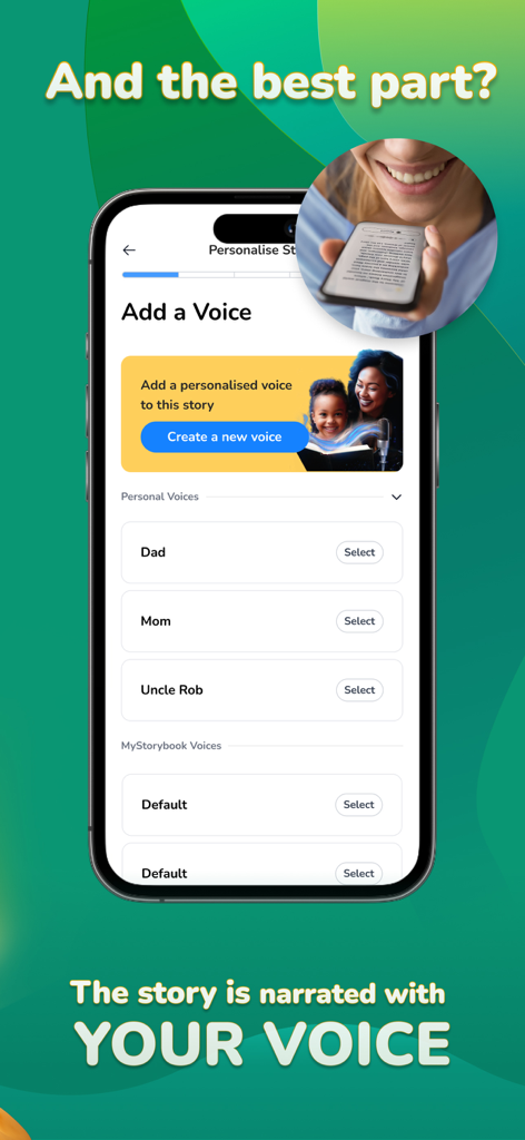 MyStorybook: Stories for kids - Interface of the MyStorybook app showing the personalized voice narration feature for parents