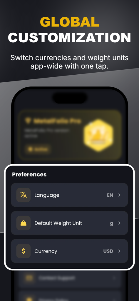Gold Price Tracker: MetalFolio - MetalFolio app global customization preferences for language, weight unit and currency