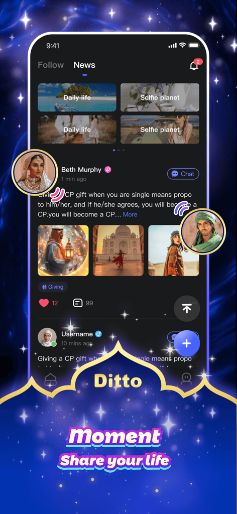 Interface do aplicativo Ditto mostrando um feed de notícias sociais com postagens de usuários e um recurso de compartilhamento de momentos.