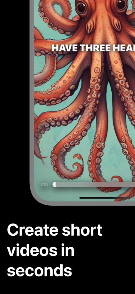 Faceless Video: AI Shorts - Smartphone screen showing an AI generated octopus video and the text Create short videos in seconds