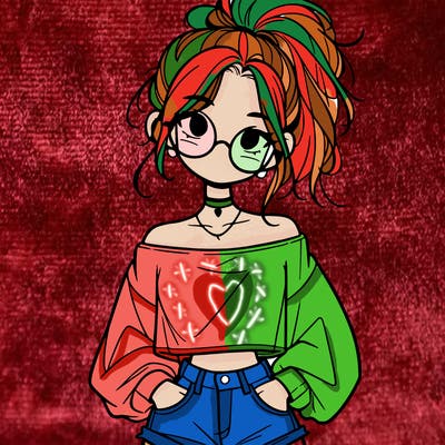 girl with a messy ponytail glasses a baggy crop top and jean shorts