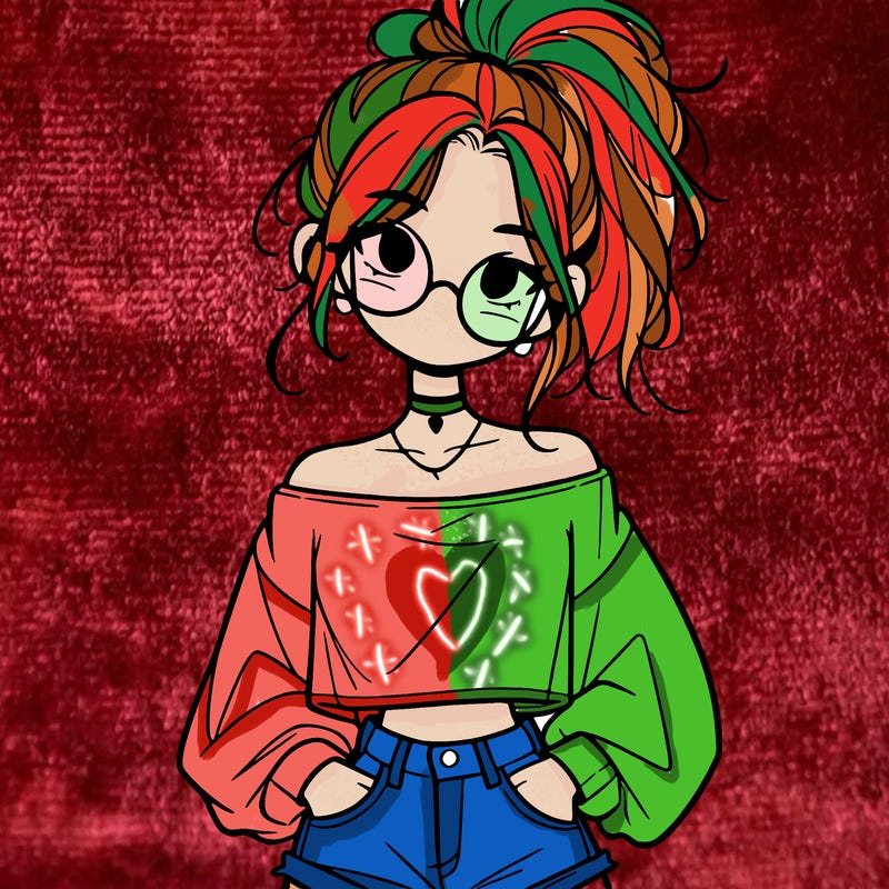 girl with a messy ponytail glasses a baggy crop top and jean shorts