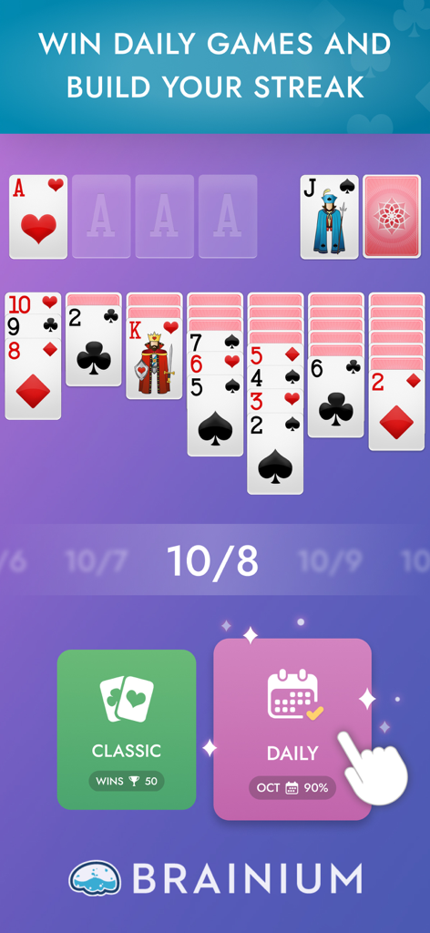 Screenshot of Solitaire: Classic Card Games showing a daily game streak and mode selection on a purple background.