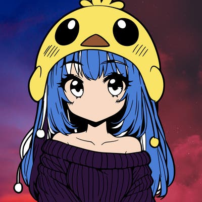 anime girl with chick shaped hat with sweater with bare shoulders with bangs covering them one eye with low tail