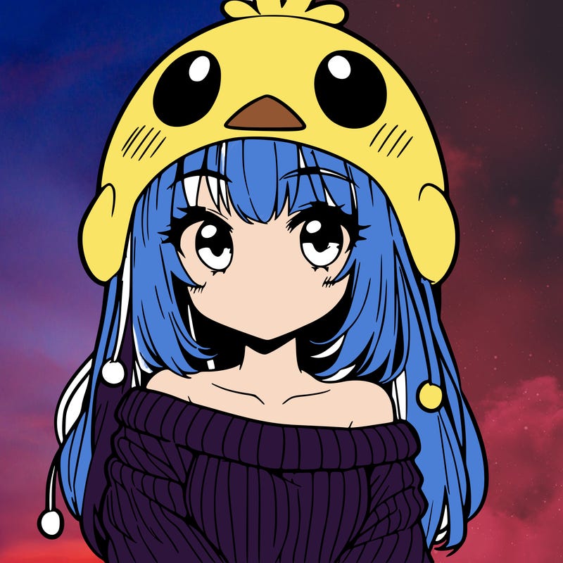 anime girl with chick shaped hat with sweater with bare shoulders with bangs covering them one eye with low tail
