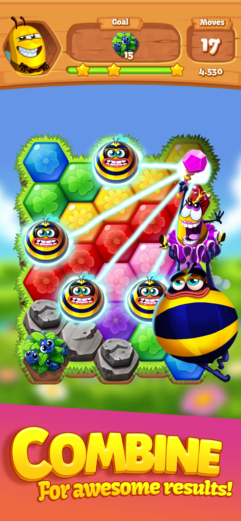 Bee Brilliant Blast - Gameplay screenshot of Bee Brilliant Blast showing a hexagonal puzzle board with bee characters and floral tiles