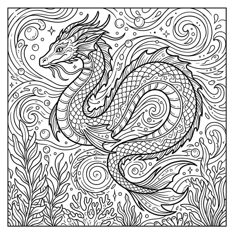 Embark on a mythical journey with this captivating coloring page featuring an elusive sea serpent cryptid. Its graceful form winds through an enchanting underwater landscape, ready for your artistic touch.
