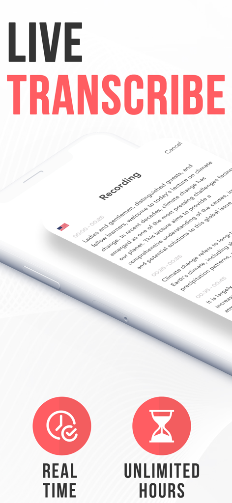 AI Note Taker Voice Memos App - A smartphone screen displaying the live transcription feature with real time text conversion of a recorded lecture.