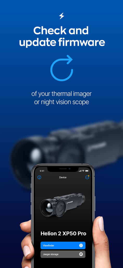 Stream Vision 2 app interface for checking and updating firmware on a Pulsar thermal imager or night vision scope.