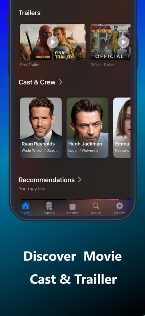 Just Watch For Pikashow - App interface showing movie trailers and cast members including Ryan Reynolds and Hugh Jackman
