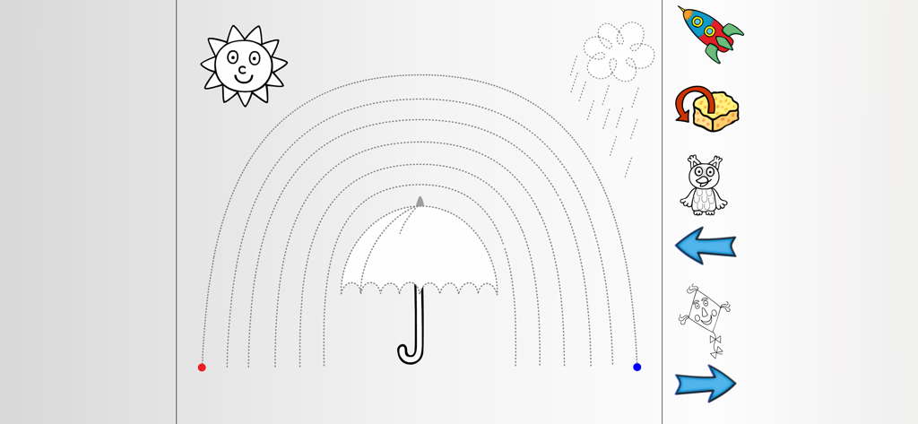 Graphomotor Skills - Digitales Arbeitsblatt zum Üben der Handschrift zum Nachzeichnen eines Regenbogens und eines Regenschirms zur Verbesserung der Feinmotorik