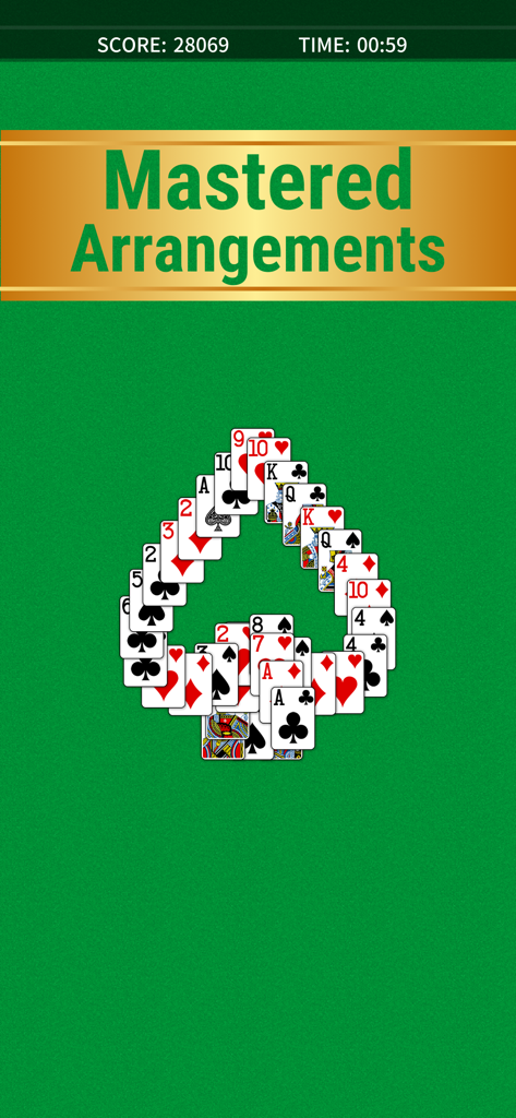 TriPeaks Solitaire Classic gameplay screenshot showing cards arranged in a spade shape on a green background.