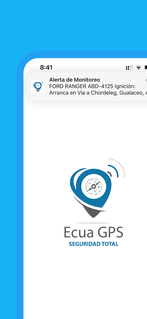 EcuaGPS - EcuaGPS mobile app screen displaying a real-time vehicle ignition alert notification and the brand logo for total security.