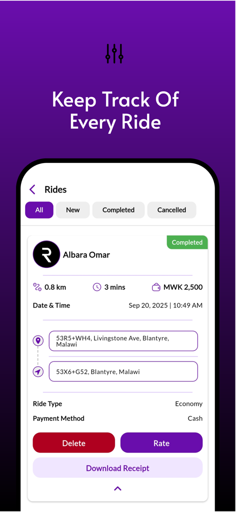 Rydz - Request a ride - Rydz app screen showing a completed ride summary with trip duration, distance, and cash payment method.