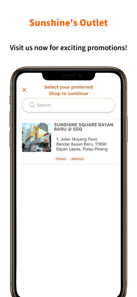 Mobile screen of the Sunshine Online app showing the store outlet selection page for Sunshine Square Bayan Baru in Penang.