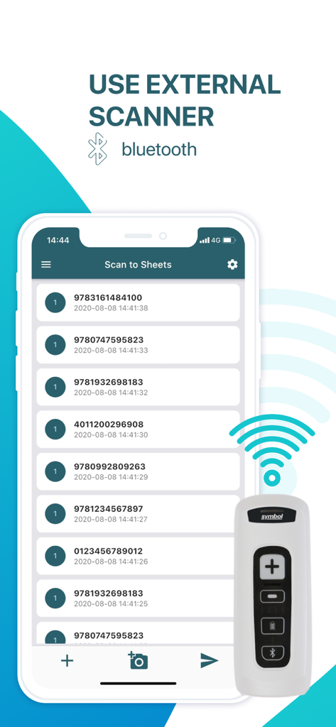 Mobile app interface showing a list of scanned codes and an external Bluetooth barcode scanner