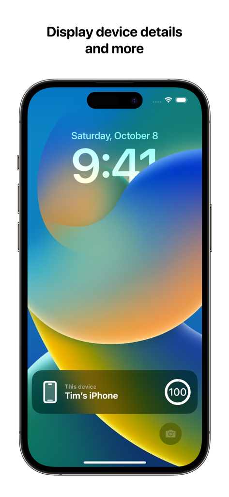 Widgets for Dynamic Island • - ActivityBuilder app displaying device name and battery level as a Live Activity on an iPhone lock screen