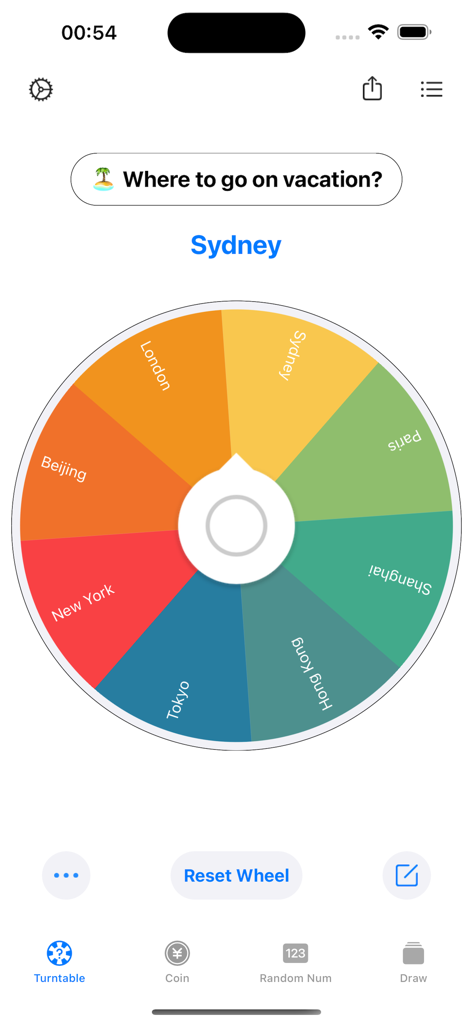 A colorful decision wheel app interface showing Sydney as the selected result for a vacation destination