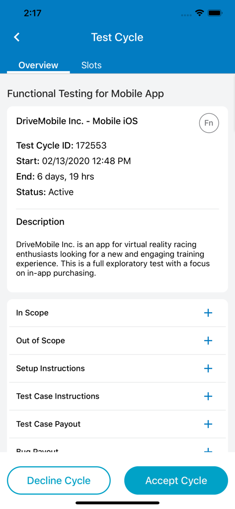 Pantalla móvil que muestra el resumen de un ciclo de pruebas funcional para una aplicación iOS con opciones para aceptar o rechazar el proyecto