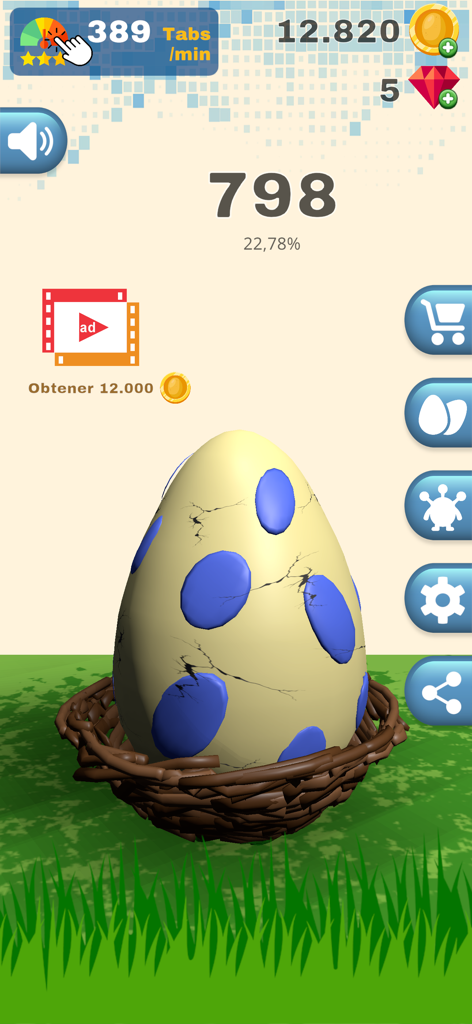 Crack Egg: Tap & Hatch Fun - A speckled egg with blue spots sits in a nest on grass during gameplay of the Crack Egg idle clicker app.