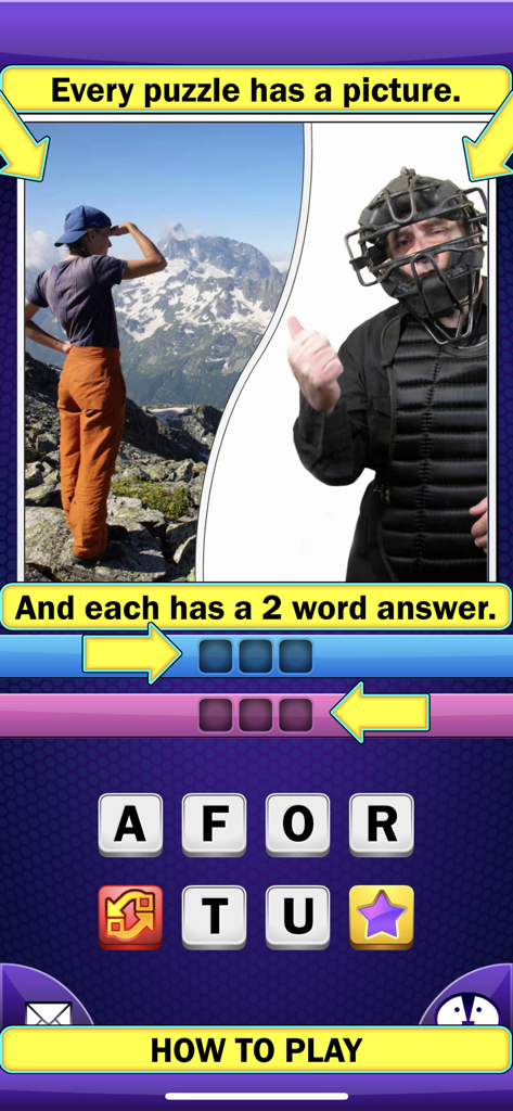 Just 2 Words - A word puzzle from the Just 2 Words mobile game showing two images and letter tiles for the answer