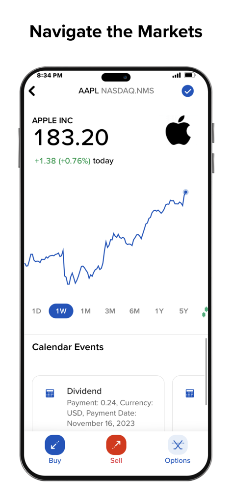 BlackBull Invest app showing Apple stock price chart and market data on iPhone