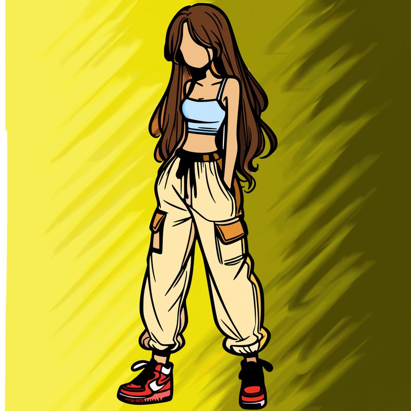 girl in baggy pants crop top and long hair
