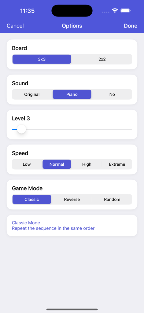 Memory Game Retro Puzzle - Settings menu of the Memory Game Retro Puzzle app showing configurations for board size sound level speed and game modes