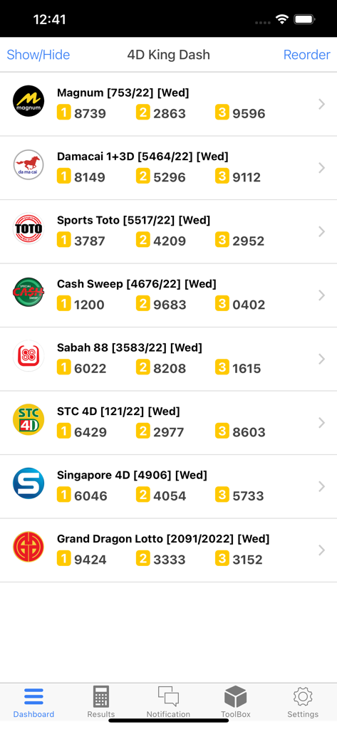 Dashboard of the 4D King app showing live lottery results for Magnum, Sports Toto, and Singapore 4D