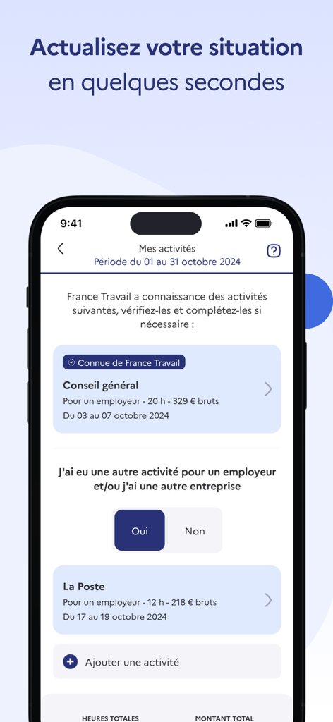 Mon Espace France Travail app screen for updating work status