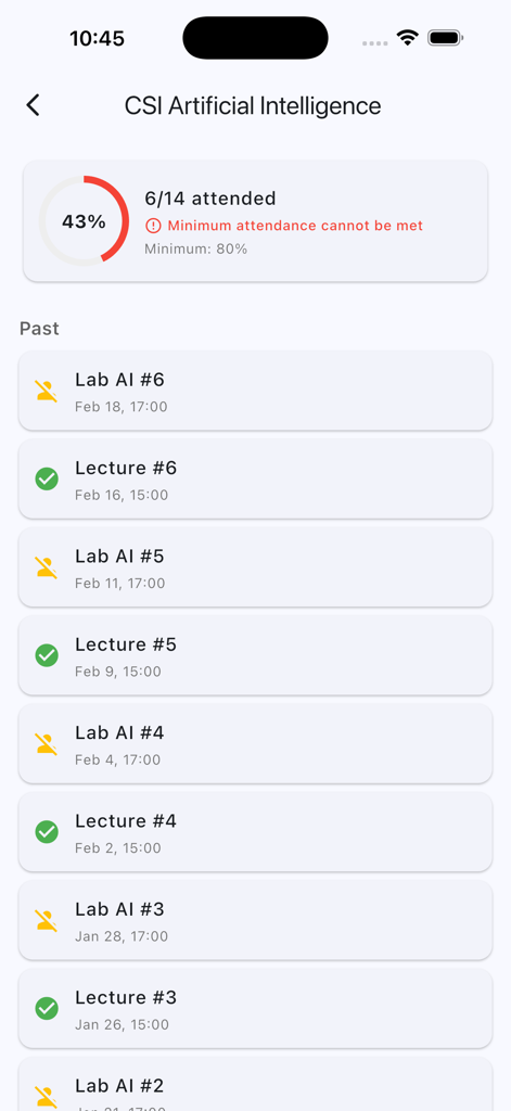 Eventor Play - Eventor Play app dashboard showing attendance percentage and a list of past university lectures and labs