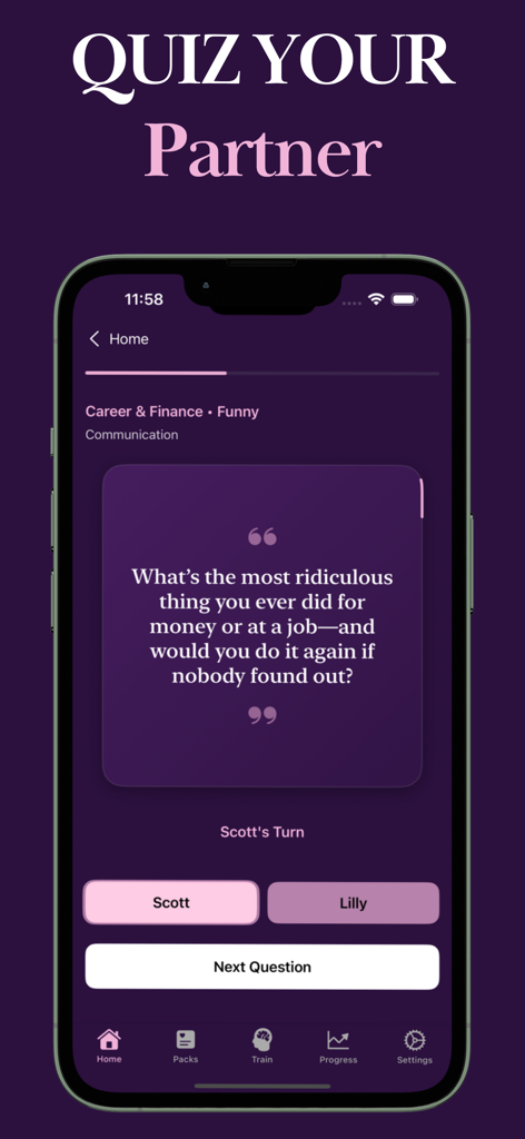 Couples Questions by Evermore - Una captura de pantalla de la app Evermore mostrando una tarjeta de preguntas divertidas para parejas para que se pongan a prueba.