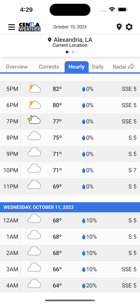 Hourly weather forecast for Alexandria Louisiana in the CenLa Weather app