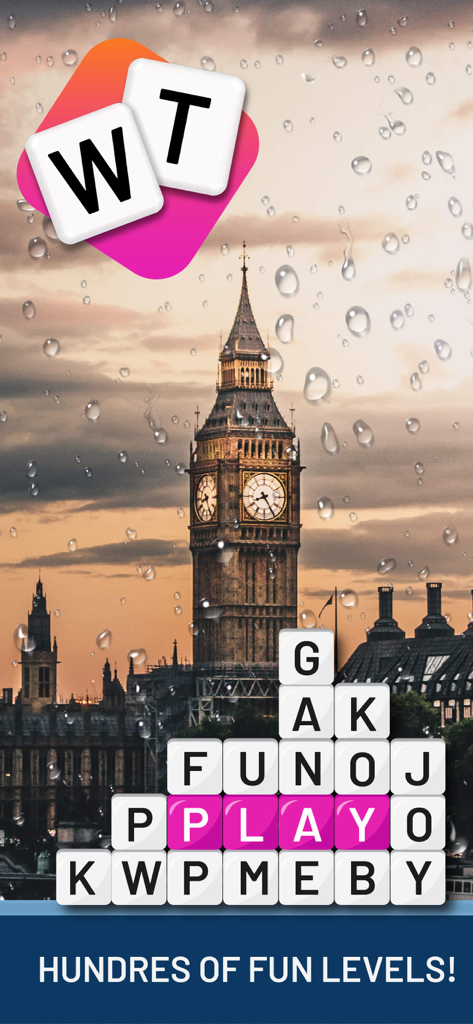 Word Tower: Relaxing Word Game - Word Tower puzzle game screenshot featuring a London Big Ben background and a word search grid highlighting the word PLAY
